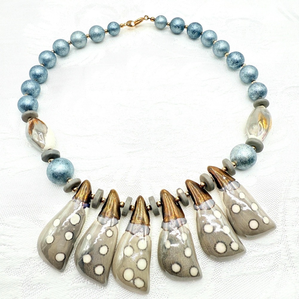 Vintage 17" 1970s Bib Lusterware Porcelain Art Bead Drop Necklace Made in Japan